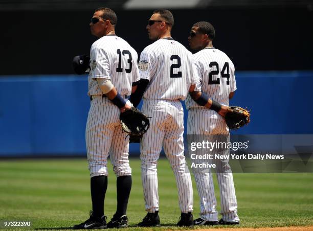 New York Yankees vs. Kansas City Royals at Yankee Stadium. Beginning of game Alex Rodriguez, Derek Jeter and Robinson Cano. ?