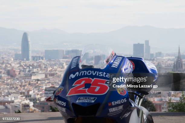 The bike of Maverick Vinales of Spain and Movistar Yamaha MotoGP parks during the pre-event "Past meets present: MotoGP" during the photo opportunity...