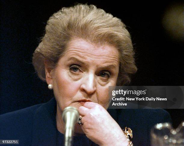 United States Ambassador to the United Nations Madeleine Albright ponders a question at the Senate Foreign Relations Committee hearing on her...