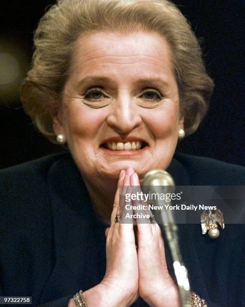 United States Ambassador to the United Nations Madeleine Albright smiles at the Senate Foreign Relations Committee hearing on her appointment to be...