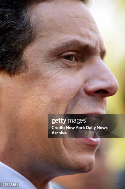 Democratic state attorney general candidate Andrew Cuomo speaks to police officers about preventing gun violence at the Police Memorial in Battery...