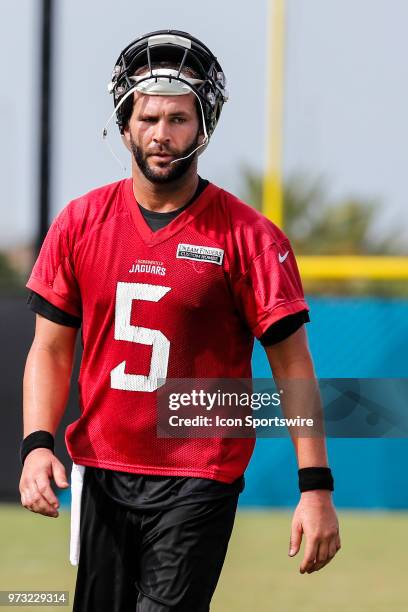 Jacksonville Jaguars quarterback Blake Bortles looks on during the Jaguars Minicamp on June 13, 2018 at Dream Finders Homes Practice Complex in...