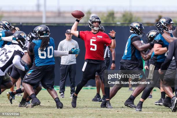 Jacksonville Jaguars quarterback Blake Bortles throws a pass during the Jaguars Minicamp on June 13, 2018 at Dream Finders Homes Practice Complex in...