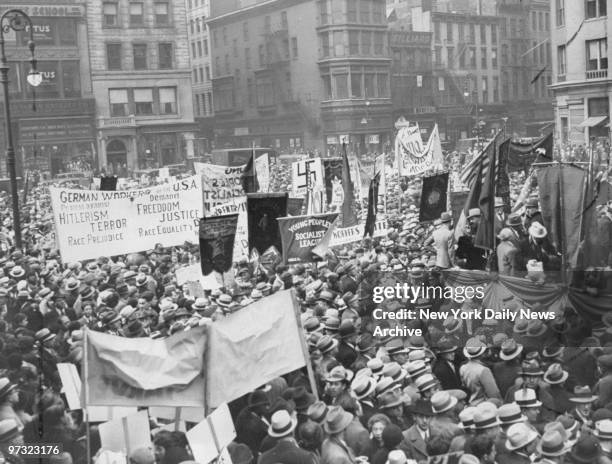 Demonstrators gather in Union Square to denounce Hitler and Fascism. Socialists, communists and members of labor unions joined in the rally.