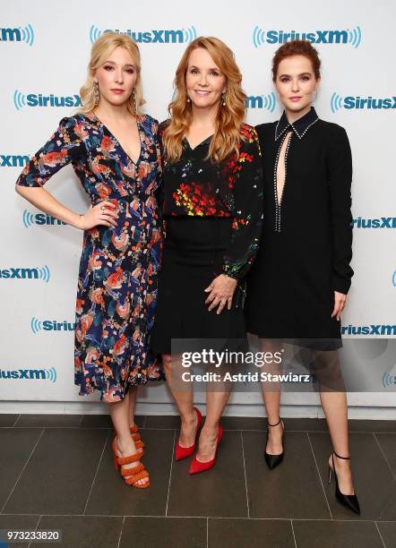 Actresses Lea Thompson, Madelyn Deutch and Zoey Deutch visit the SiriusXM Studios on June 13, 2018 in New York City.