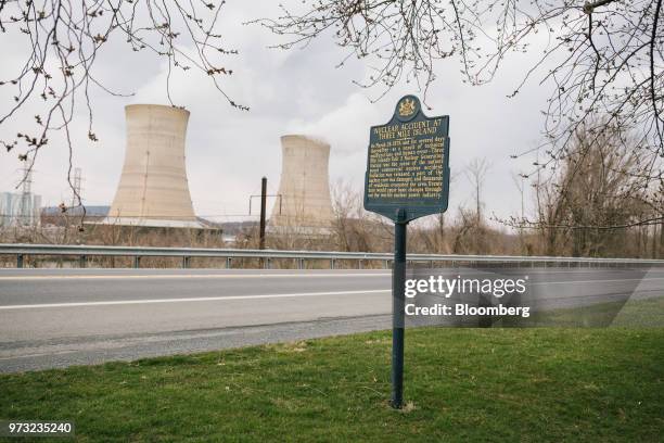 Historical marker recognizing the 1979 nuclear meltdown at Exelon Corp. Three Mile Island stands in front of the nuclear power plant in Middleton,...