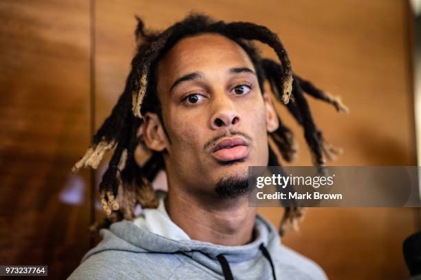 Wide receiver Robby Anderson of the New York Jets addresses the media before mandatory mini camp on June 13, 2018 at The Atlantic Health Jets...