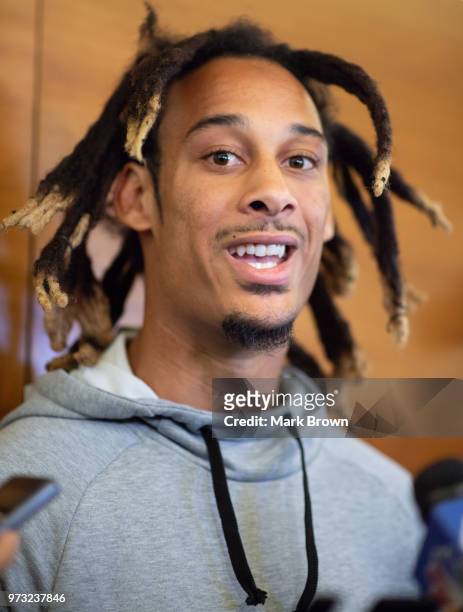 Wide receiver Robby Anderson of the New York Jets addresses the media before mandatory mini camp on June 13, 2018 at The Atlantic Health Jets...