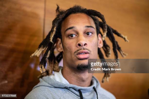 Wide receiver Robby Anderson of the New York Jets addresses the media before mandatory mini camp on June 13, 2018 at The Atlantic Health Jets...