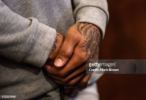 Detailed view of the hands of wide receiver Robby Anderson of the New York Jets addresses the media before mandatory mini camp on June 13, 2018 at...