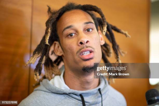 Wide receiver Robby Anderson of the New York Jets addresses the media before mandatory mini camp on June 13, 2018 at The Atlantic Health Jets...