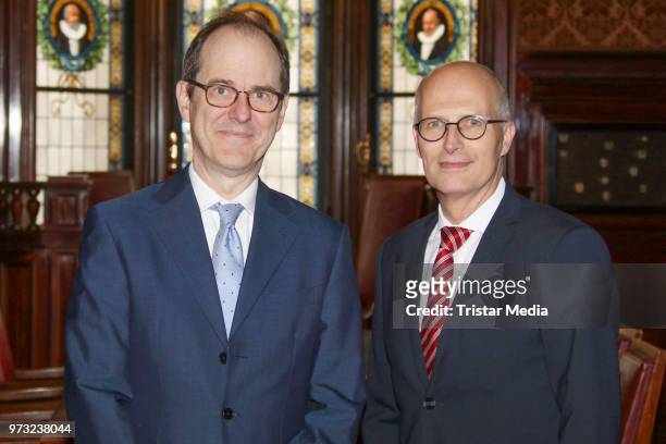 Sir Sebastian Wood, ambassador of Great Britan and North Irland with Peter Tschentscher during he visits in the town hall on June 13, 2018 in...