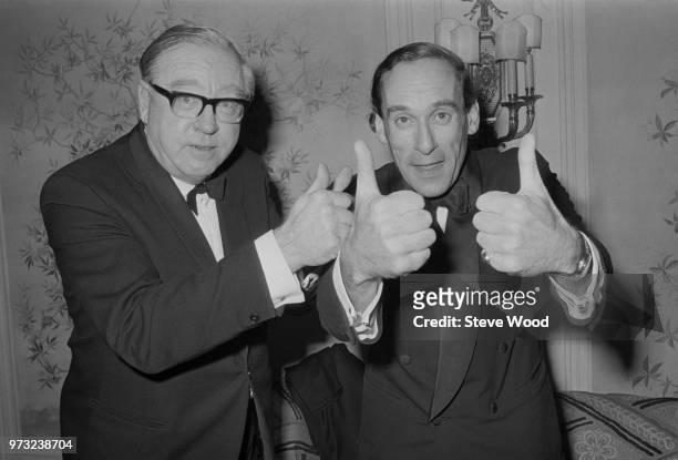 British politician and leader of the Liberal Party Jeremy Thorpe and Liberal Party politician Frank Byers celebrate victory at Sutton and Cheam...