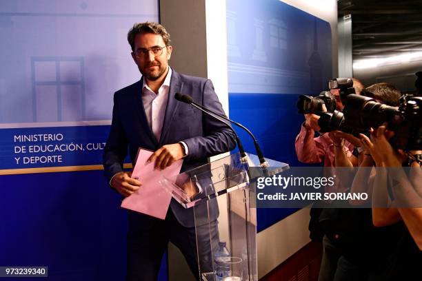 Spanish minister of culture and sports Maxim Huerta arrives to give a press conference at the Culture Ministery in Madrid on June 13, 2018. - Spain's...