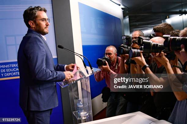 Spanish minister of culture and sports Maxim Huerta arrives to give a press conference at the Culture Ministery in Madrid on June 13, 2018. - Spain's...