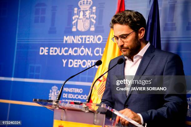 Spanish minister of culture and sports Maxim Huerta arrives to give a press conference at the Culture Ministery in Madrid on June 13, 2018. - Spain's...