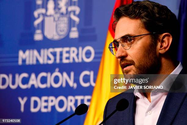 Spanish minister of culture and sports Maxim Huerta arrives to give a press conference at the Culture Ministery in Madrid on June 13, 2018. - Spain's...