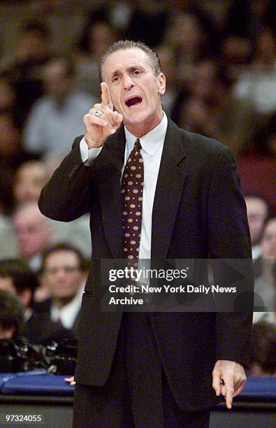 Miami Heat's coach Pat Riley offers advice from the sideline during game against the New York Knicks at Madison Square Garden.