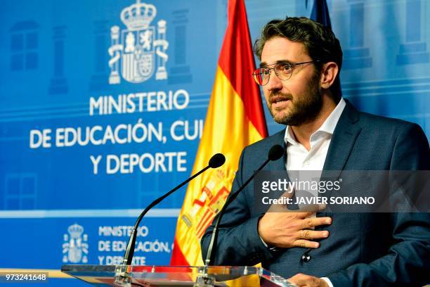 Spanish minister of culture and sports Maxim Huerta gives a press conference at the Culture Ministery in Madrid on June 13, 2016. - Spain's culture...