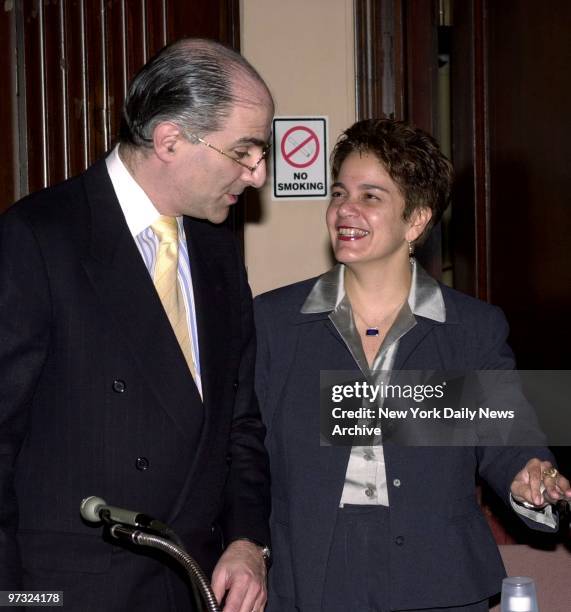 Newly-elected Board of Educaton President Ninfa Segarra chats with School Chancellor Harold Levy at Board of Education headquarters, 110 Livingston...