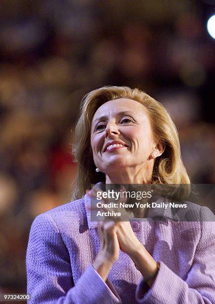 Hadassah Lieberman cheers husband Joseph as he accepts the nomination for vice president during the Democratic National Convention at the Staples...