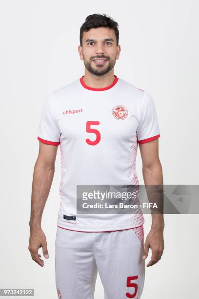 Oussama Haddadi of Tunisia poses during the official FIFA World Cup 2018 portrait session on June 13, 2018 in Moscow, Russia.