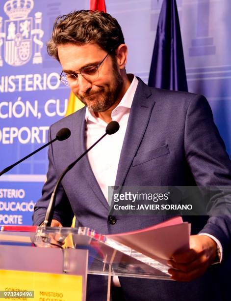 Spanish minister of culture and sports Maxim Huerta leaves after giving a press conference at the Culture Ministery in Madrid on June 13, 2018. -...