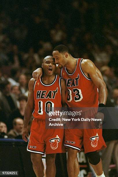 Miami Heat's Tim Hardaway and Alonzo Mourning exchange words near end of the Eastern Conference semifinals against the New York Knicks.,