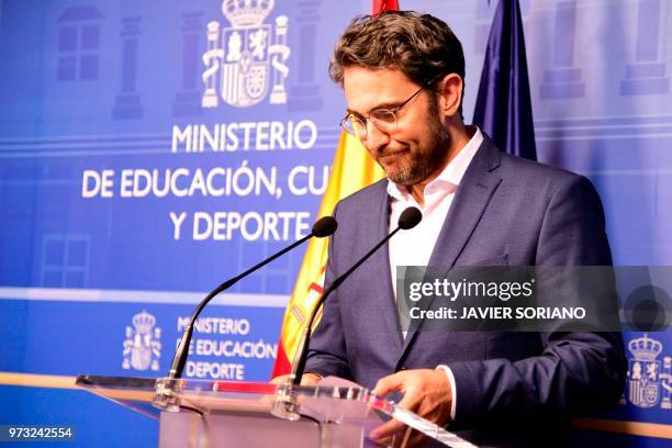 Spanish minister of culture and sports Maxim Huerta leaves after giving a press conference at the Culture Ministery in Madrid on June 13, 2018. -...