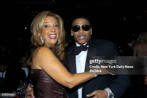 Denise Rich embraces singer Nelly during the G&P Foundation for Cancer Research's fourth biennial Angel Ball 2005 at the New York Marriott Marquis on...