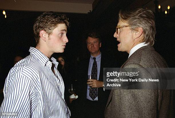 Michael Douglas with his son Cameron attending book party for Diana Douglas Darrid's "In The Wings: A Memoir" at Sardi's.