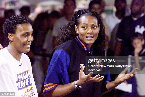 New York Liberty player Kym Hampton speaking at the NBA store on Fifth Ave. ,