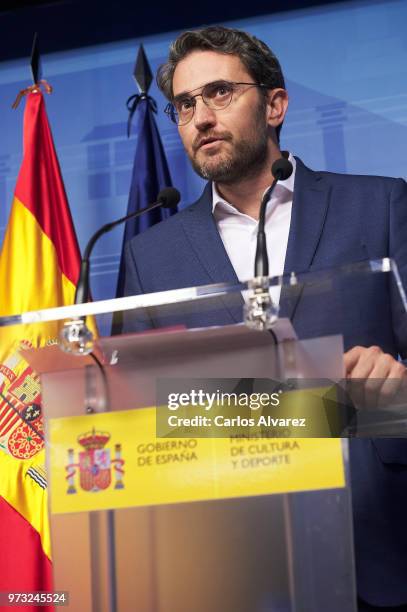 Recently appointed Minister of Culture and Sports, Maxim Huerta, gives a press conference to announce his resignation on June 13, 2018 in Madrid,...