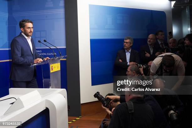 Recently appointed Minister of Culture and Sports, Maxim Huerta, gives a press conference to announce his resignation on June 13, 2018 in Madrid,...