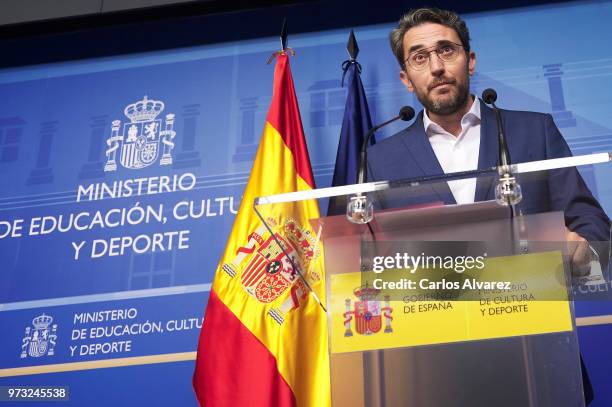 Recently appointed Minister of Culture and Sports, Maxim Huerta, gives a press conference to announce his resignation on June 13, 2018 in Madrid,...