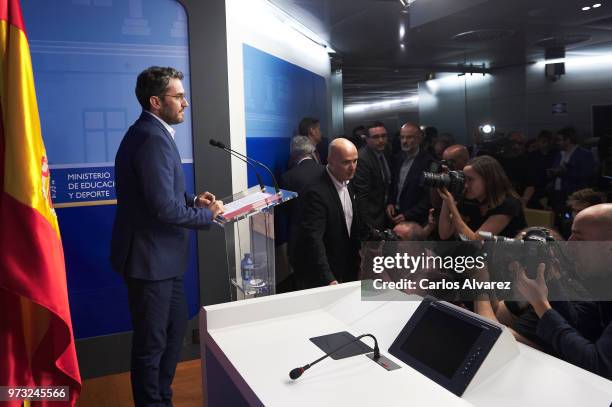 Recently appointed Minister of Culture and Sports, Maxim Huerta, gives a press conference to announce his resignation on June 13, 2018 in Madrid,...