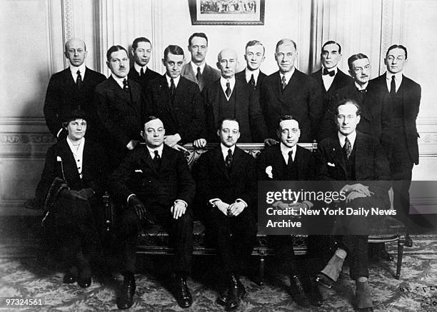 Newspaper men at Peace Conference with Col. E. M. House, at Hotel Crillon. Left to right, standing are A. R. Sweetzer; Charles T. Thompson; R. B....
