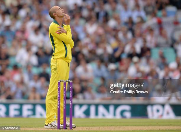 Ashton Agar of Australia during the first Royal London One-Day International match between England and Australia at the Kia Oval on June 13, 2018 in...