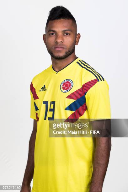 Miguel Borja of Colombia poses for a portrait during the official FIFA World Cup 2018 portrait session at Kazan Ski Resort on June 13, 2018 in Kazan,...