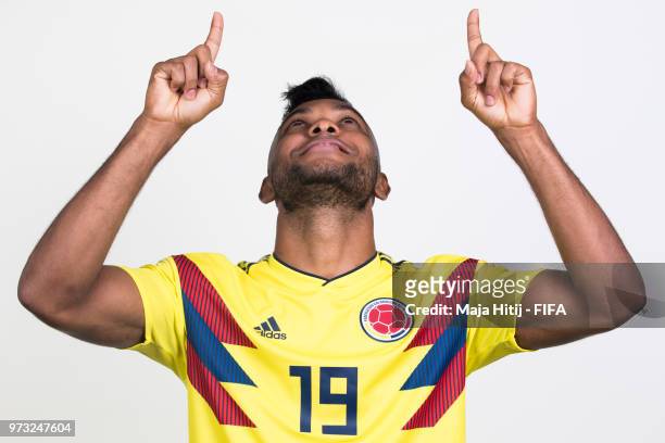 Miguel Borja of Colombia poses for a portrait during the official FIFA World Cup 2018 portrait session at Kazan Ski Resort on June 13, 2018 in Kazan,...
