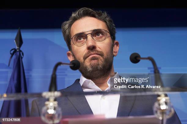 Recently appointed Minister of Culture and Sports, Maxim Huerta, gives a press conference to announce his resignation on June 13, 2018 in Madrid,...