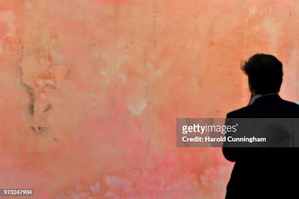 Visitor looks at the artwork of Frank Bowling "False Start" during the press preview for Art Basel at Basel Messe on June 13, 2018 in Basel,...
