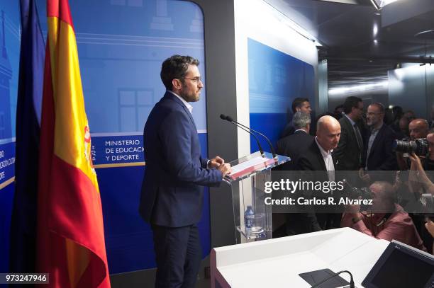 Recently appointed Minister of Culture and Sports, Maxim Huerta, gives a press conference to announce his resignation on June 13, 2018 in Madrid,...