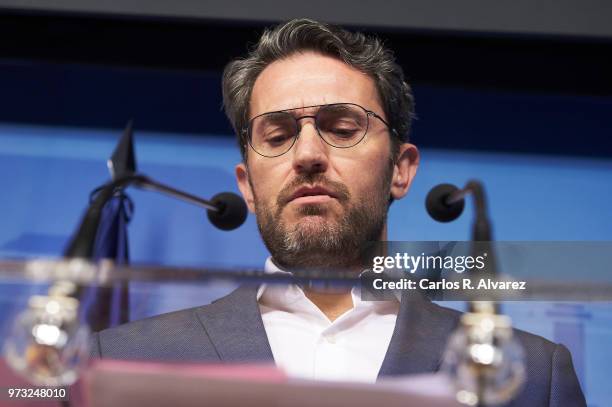 Recently appointed Minister of Culture and Sports, Maxim Huerta, gives a press conference to announce his resignation on June 13, 2018 in Madrid,...