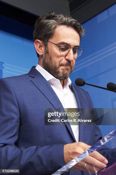 Recently appointed Minister of Culture and Sports, Maxim Huerta, gives a press conference to announce his resignation on June 13, 2018 in Madrid,...