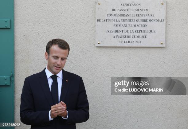 French President Emmanuel Macron attends the inauguration of the Clemenceau museum during a visit to the home town of Georges Clemenceau , a major...