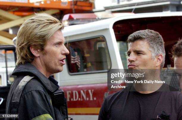 Dennis Leary talks with Terry Quinn, a firefighter-consultant, during a break in filming the TV series "Rescue Me" at 141st St. And Broadway. Leary...