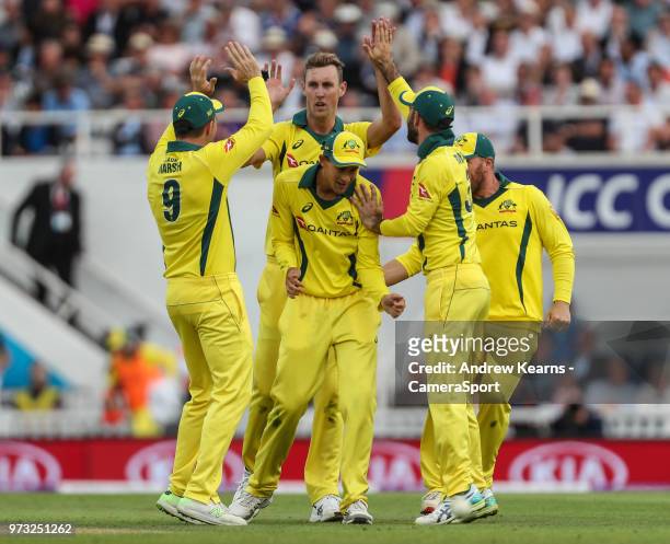 Australia's Billy Stanlake celebrates with his team mates after taking the wicket of England's Joe Root during the Royal London 1st ODI match between...