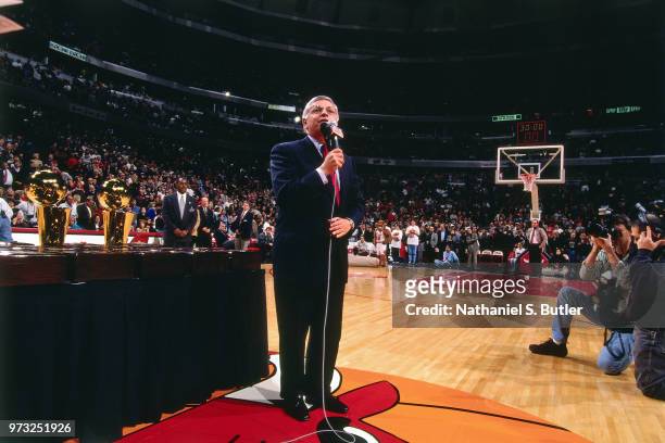 Commissioner David Stern speaks during a game played on November 1, 1997 at the First Union Arena in Philadelphia, Pennsylvania. NOTE TO USER: User...