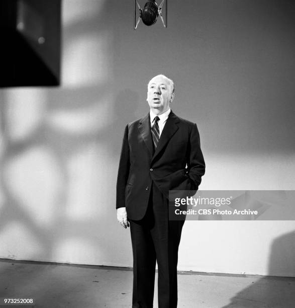 Alfred Hitchcock, director and host of the CBS television series, Alfred Hitchcock Presents. April 4, 1957. Los Angeles, CA.